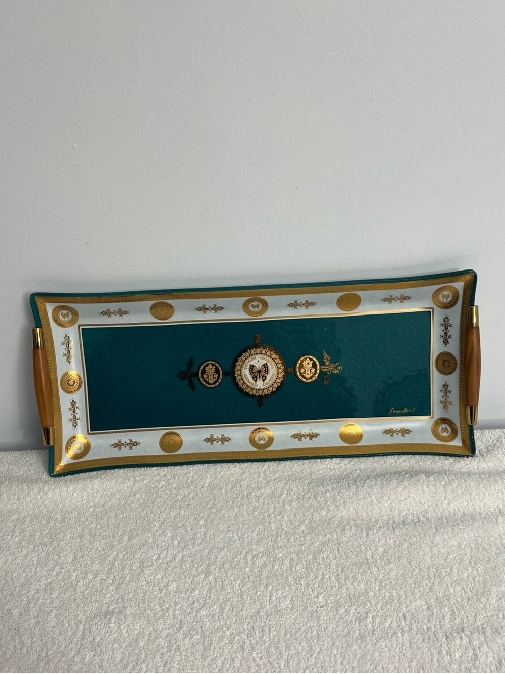 MCM Georges Briard Stunning Butterfly Serving Tray Teal Blue Gold Mid Century